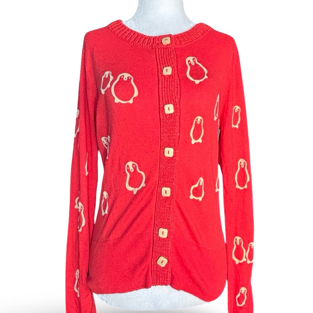 Anthropologie Field Flower Penguin Bright Cherry Red Knit‎ Cardigan Sweater New